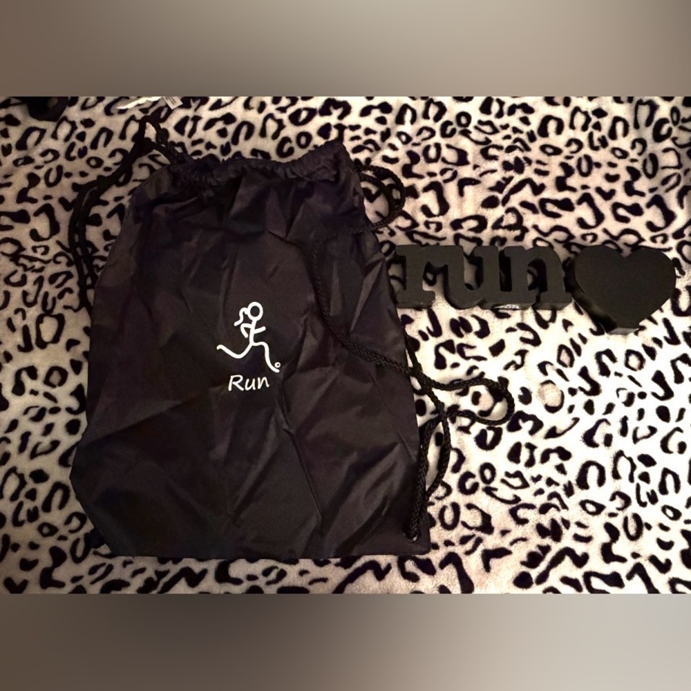 Gone For a Run Black Drawstring Bag with runner & Wood “RUN” with heart  🖤🏃🏻‍♀️